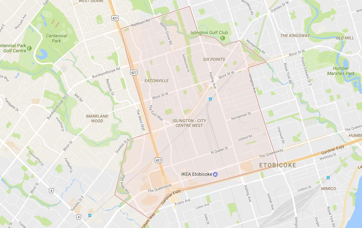 Térkép Islington-városközpont Nyugati szomszédságában Toronto