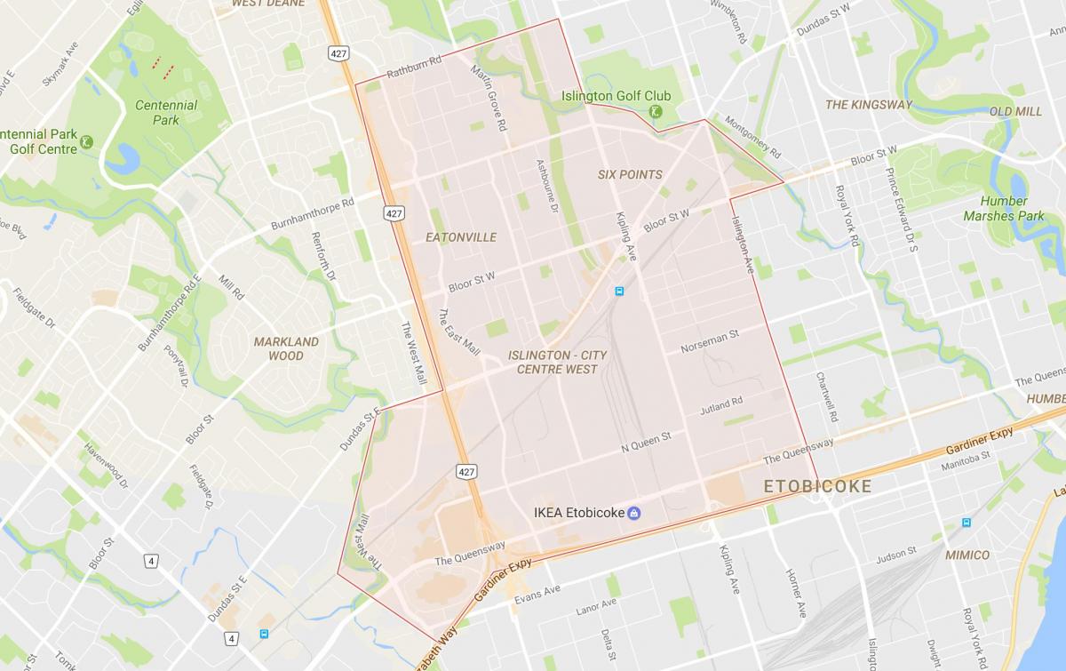 Térkép Islington-városközpont Nyugati szomszédságában Toronto