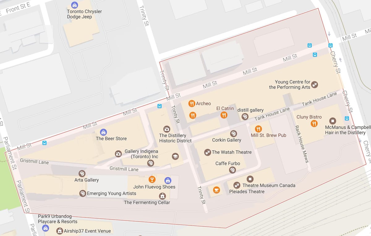 Térkép Szeszfőzde Kerület szomszédságában, Toronto