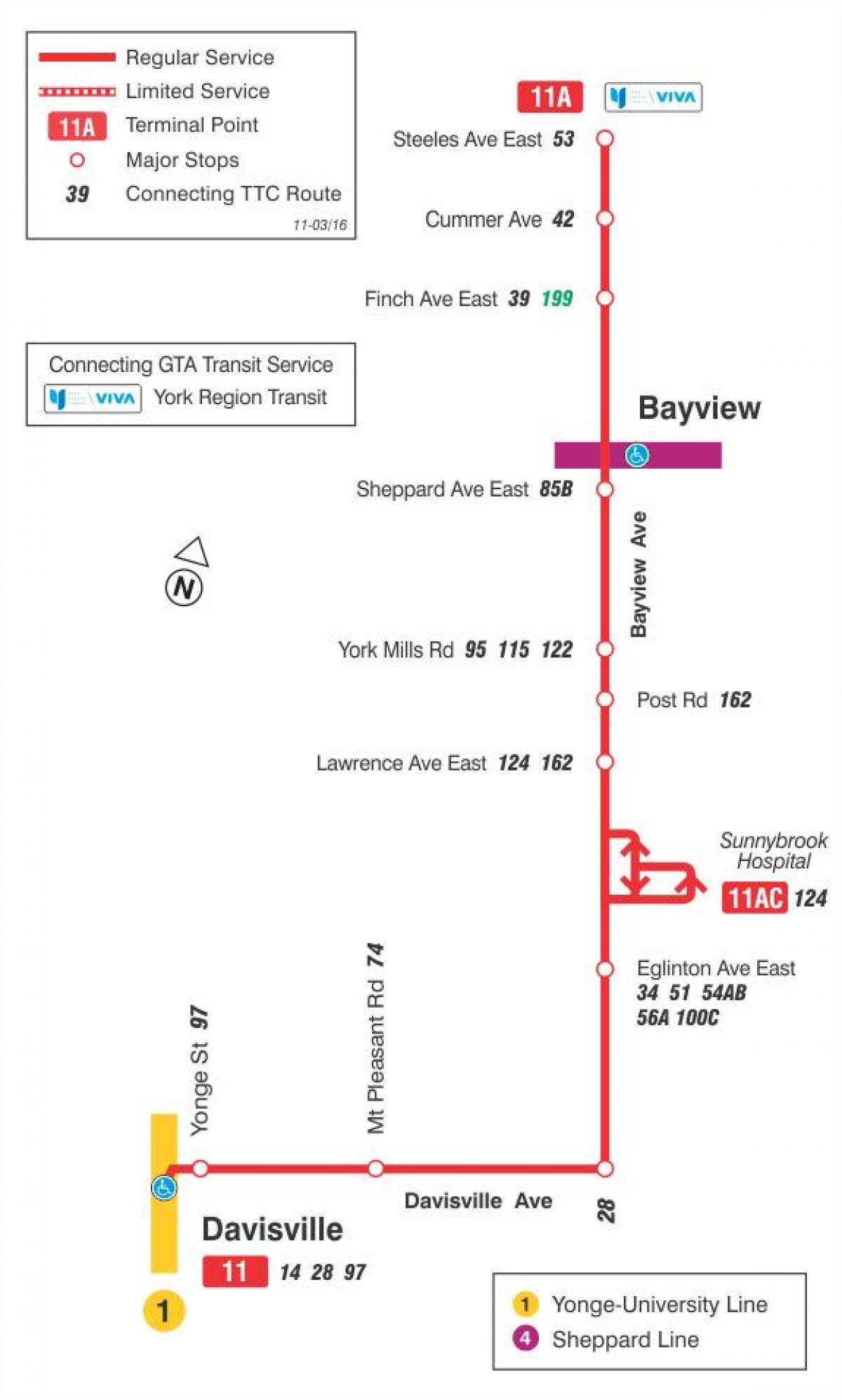 Térkép TTC 11 Bayview busz útvonal Toronto