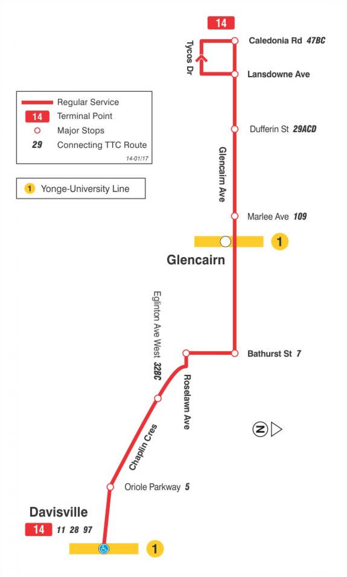 Térkép TTC 14 Glencairn busz útvonal Toronto