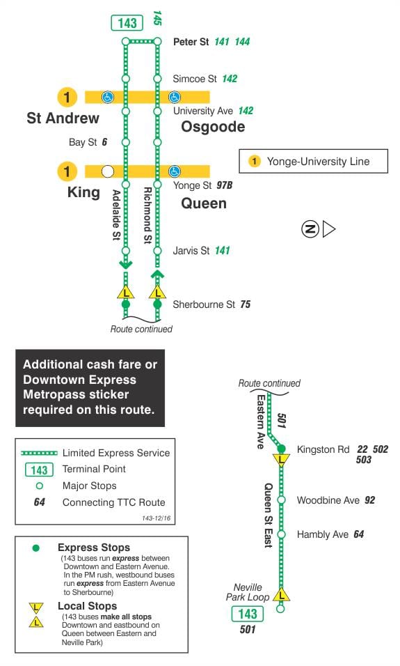 Térkép TTC 143 Downtown / Strand Express busz útvonal Toronto