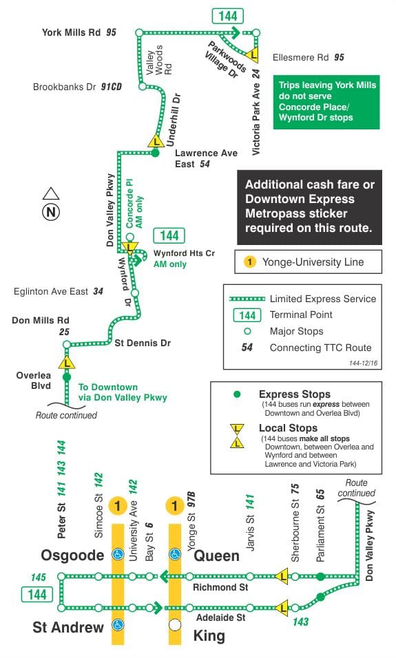 Térkép TTC 144 Downtown / Don Valley Express busz útvonal Toronto