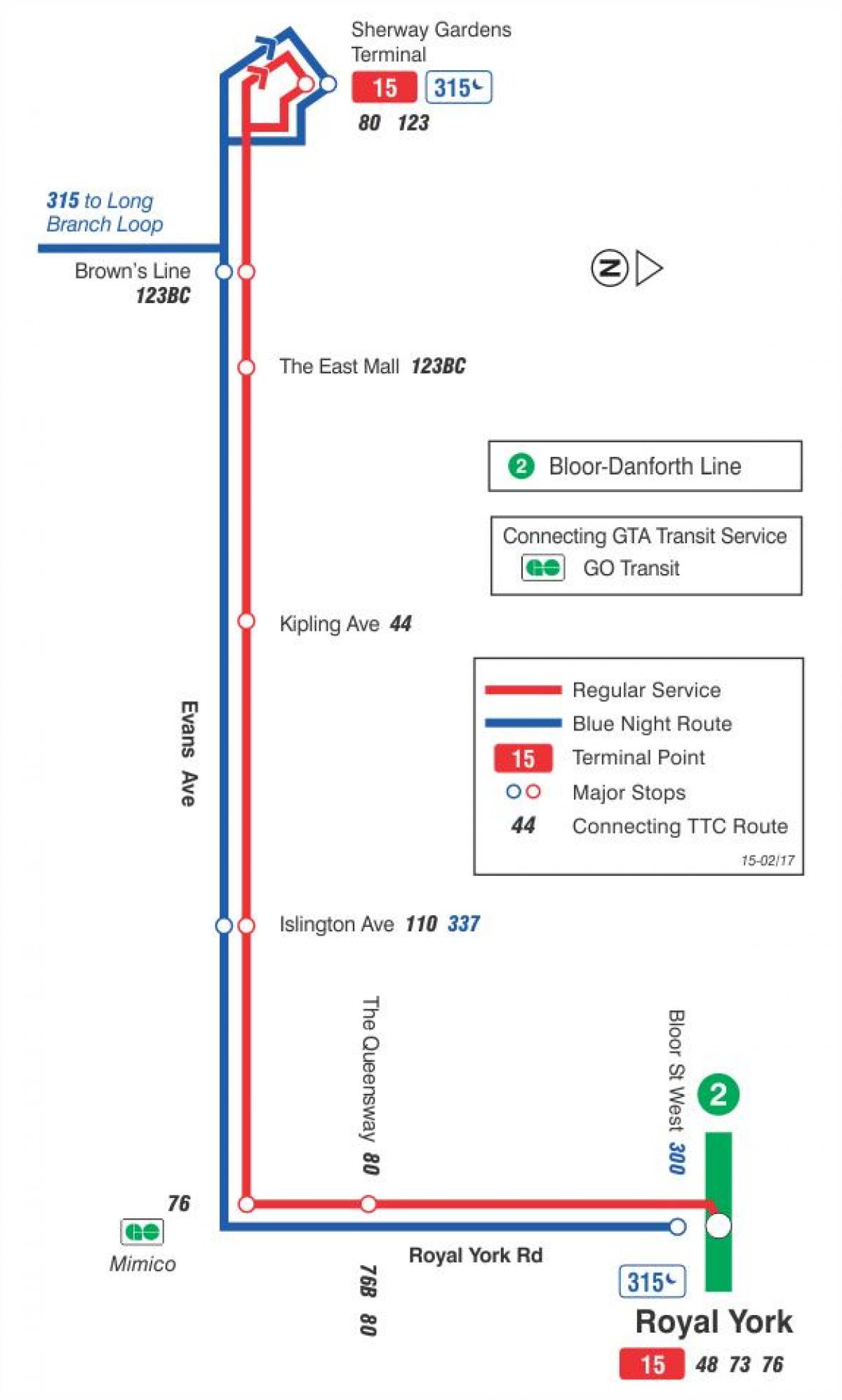 Térkép TTC 15 Evans busz útvonal Toronto