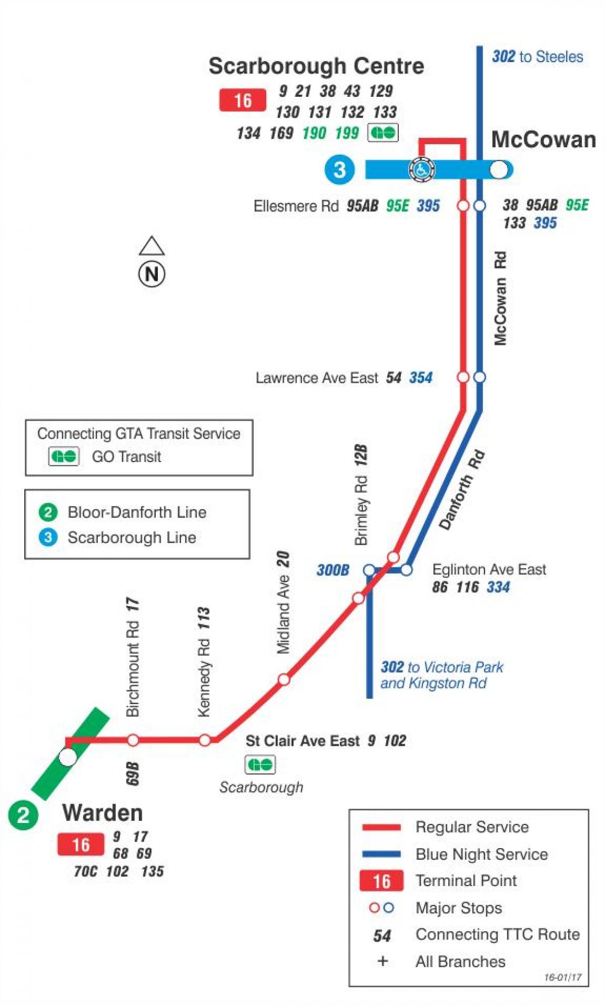 Térkép TTC 16 McCowan busz útvonal Toronto