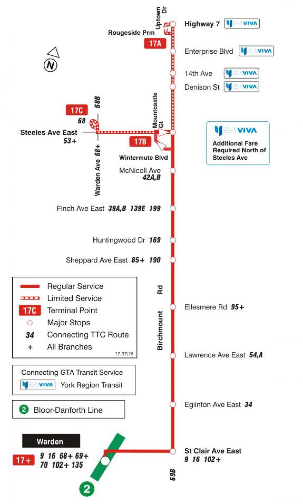 Térkép TTC 17 Birchmount busz útvonal Toronto