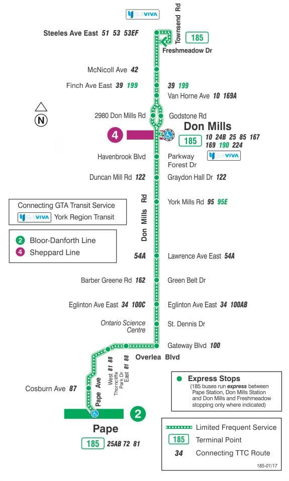 Térkép TTC 185 Don Mills Rakéta busz útvonal Toronto