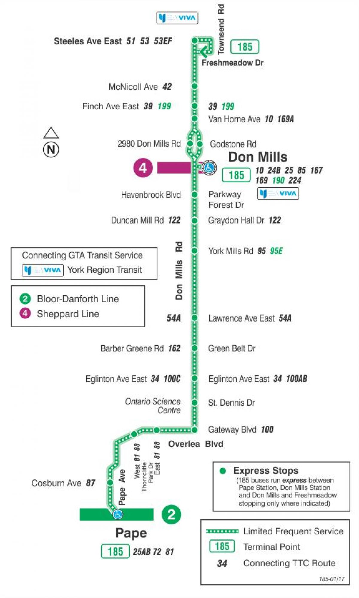 Térkép TTC 185 Don Mills Rakéta busz útvonal Toronto