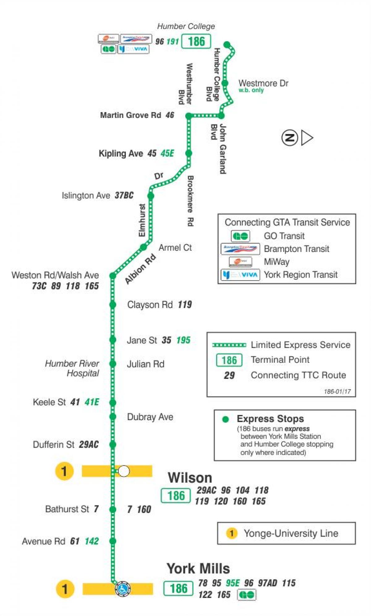 Térkép TTC 186 Wilson Rakéta busz útvonal Toronto