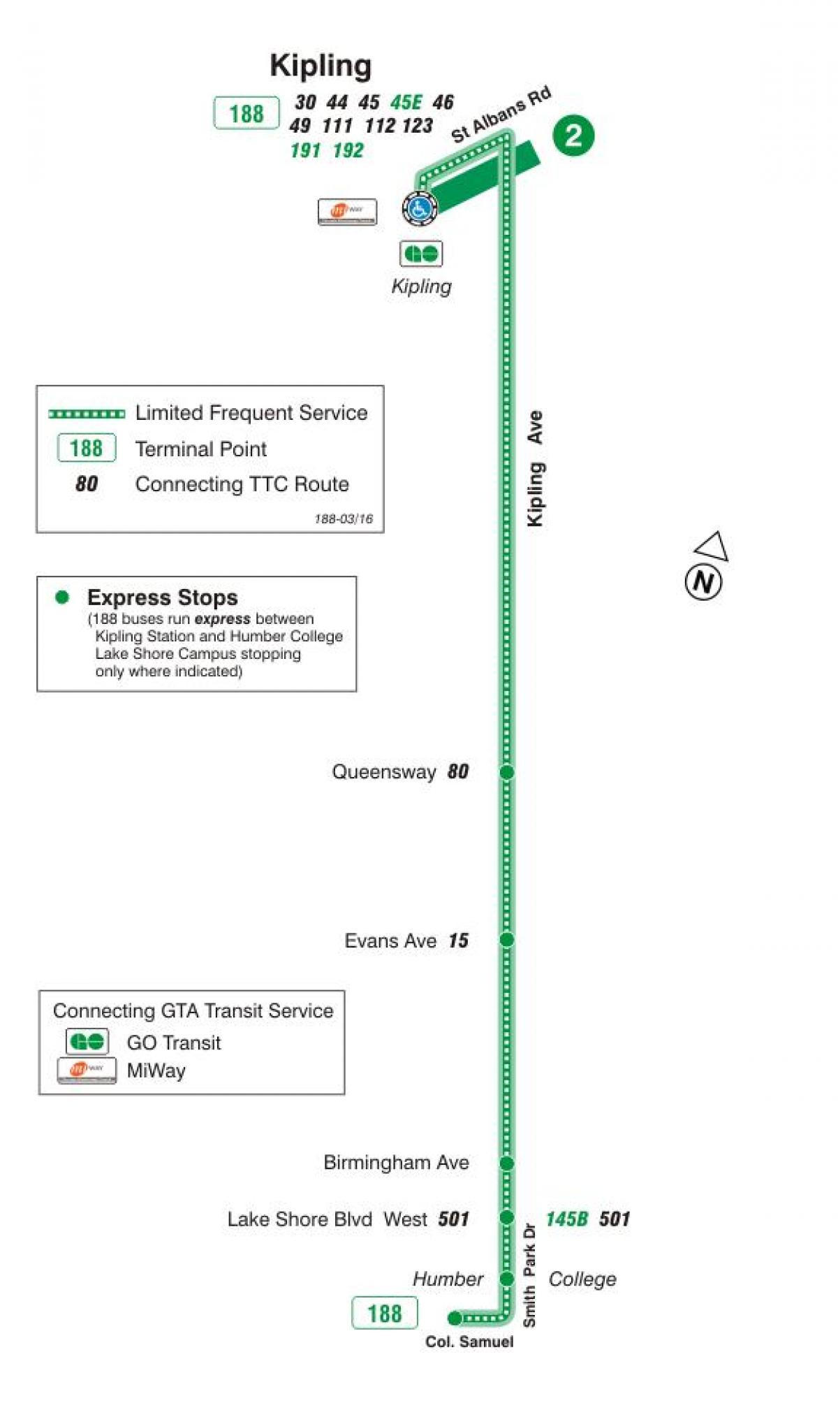 Térkép TTC 188 Kipling Dél-Rakéta busz útvonal Toronto