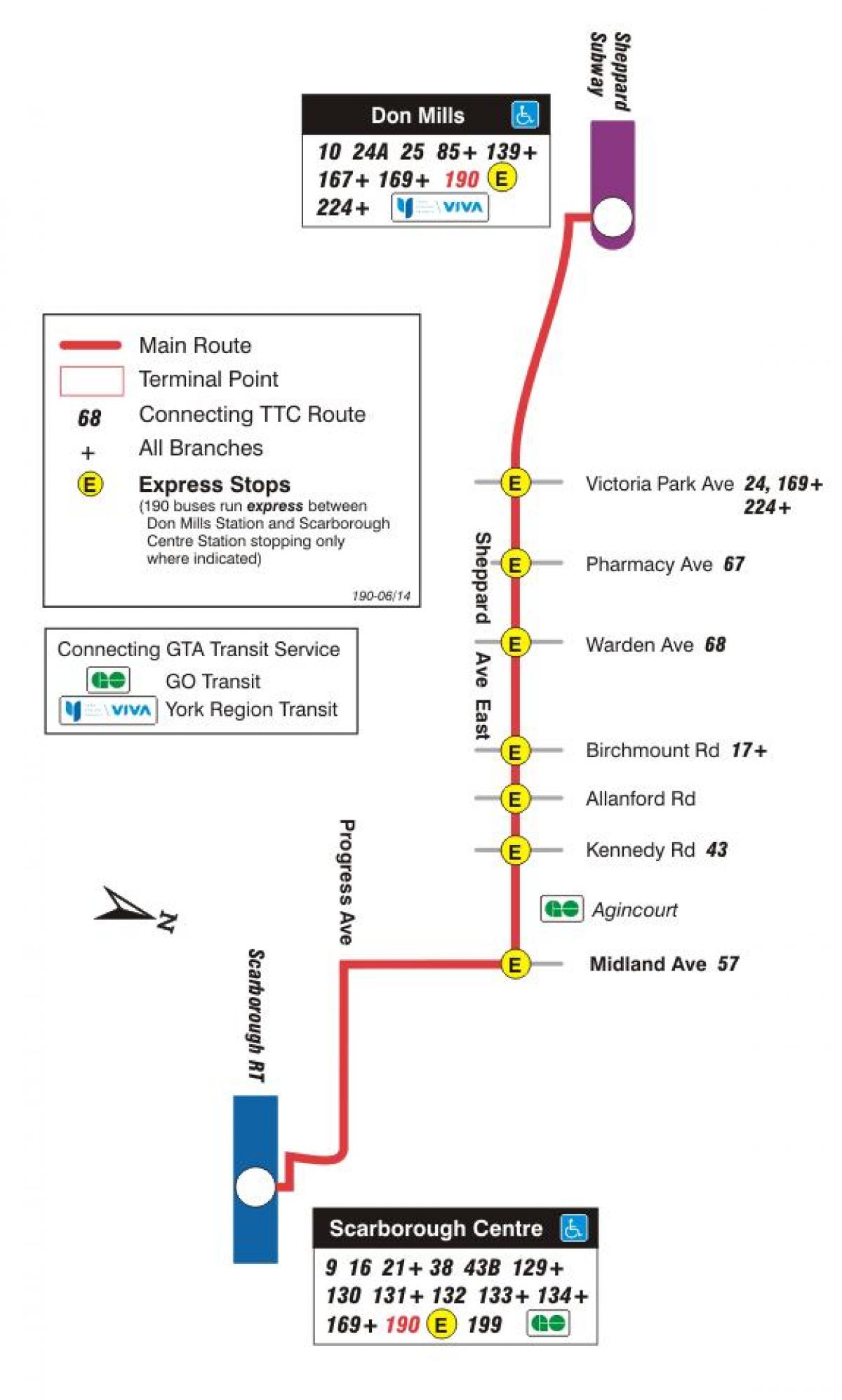 Térkép TTC 190 Scarborough Központ Rakéta busz útvonal Toronto