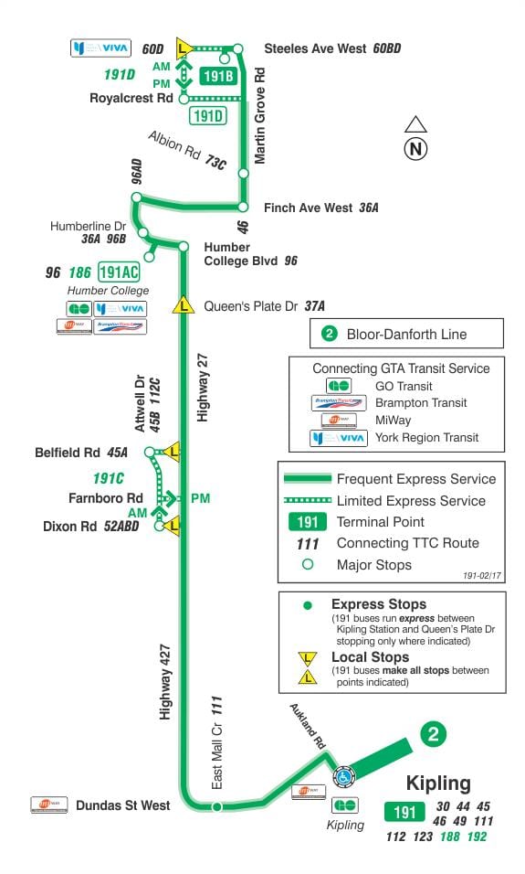 Térkép TTC 191 Autópálya 27 Rakéta busz útvonal Toronto