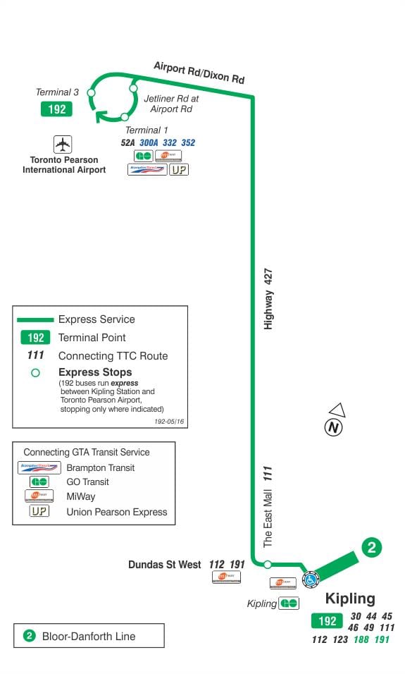 Térkép TTC 192 Repülőtéri Rakéta busz útvonal Toronto