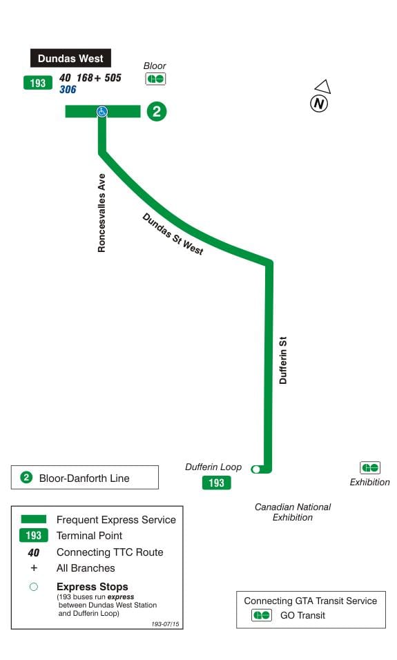 Térkép TTC 193 Kiállítás Rakéta busz útvonal Toronto