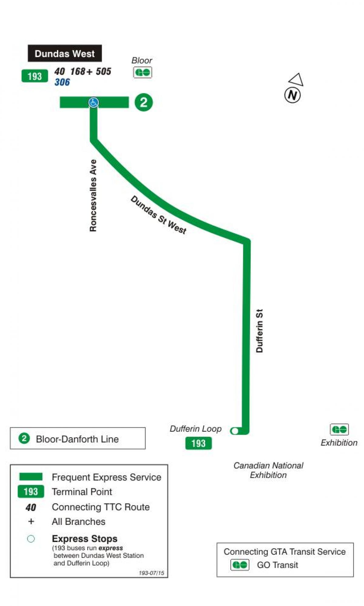 Térkép TTC 193 Kiállítás Rakéta busz útvonal Toronto