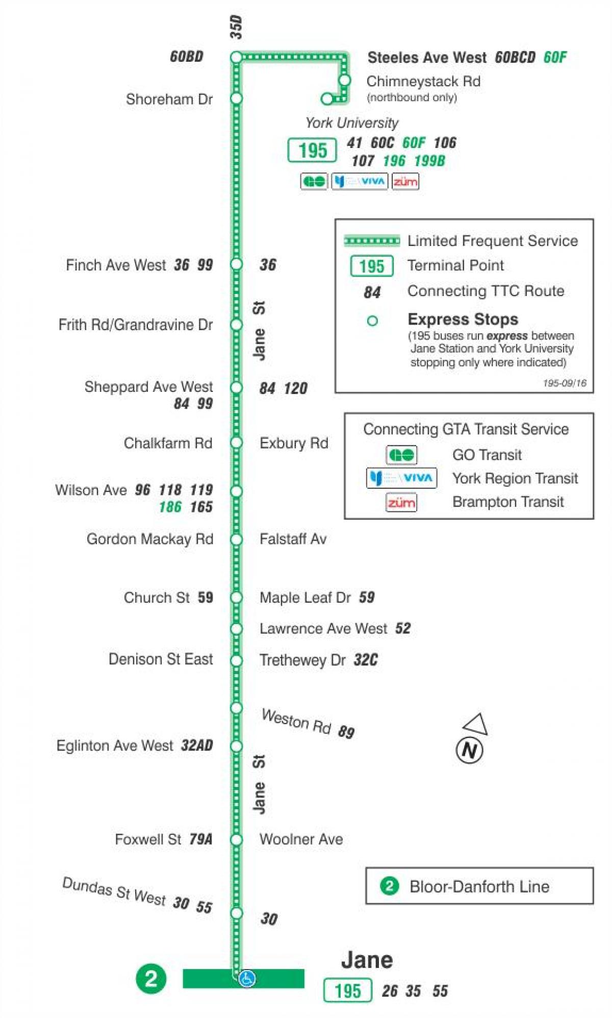 Térkép TTC 195 Jane Rakéta busz útvonal Toronto