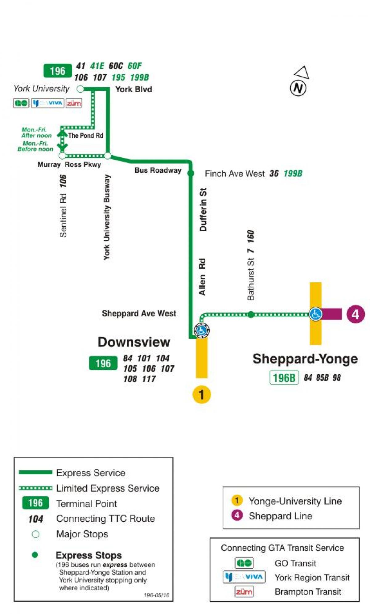 Térkép TTC 196 York-i Egyetem Rakéta busz útvonal Toronto
