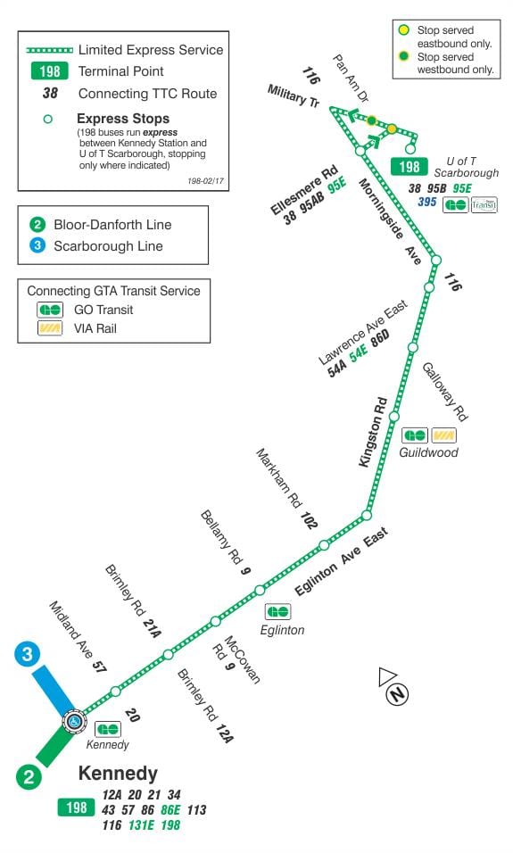 Térkép TTC 198 U T Scarborough Rakéta busz útvonal Toronto