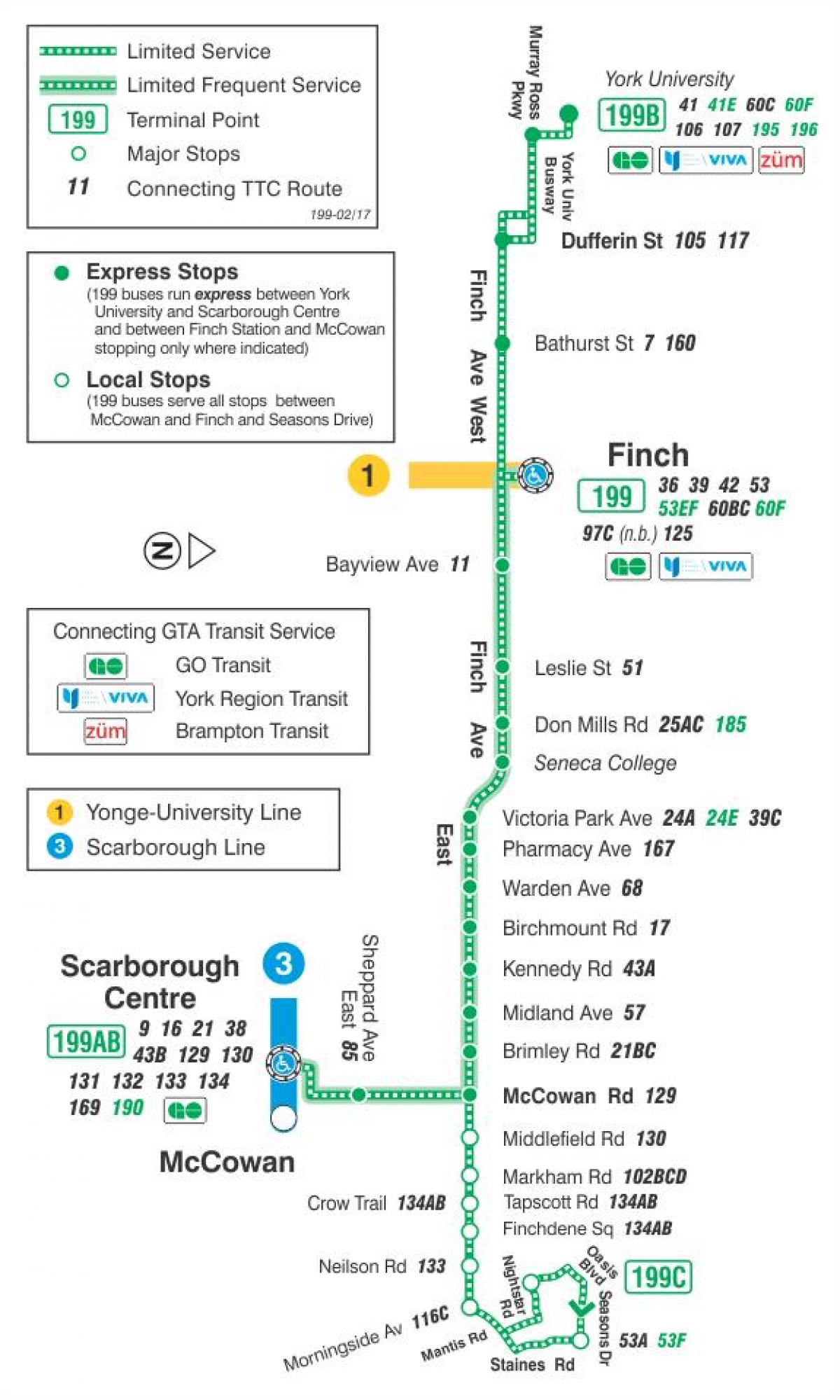 Térkép TTC 199 Finch Rakéta busz útvonal Toronto