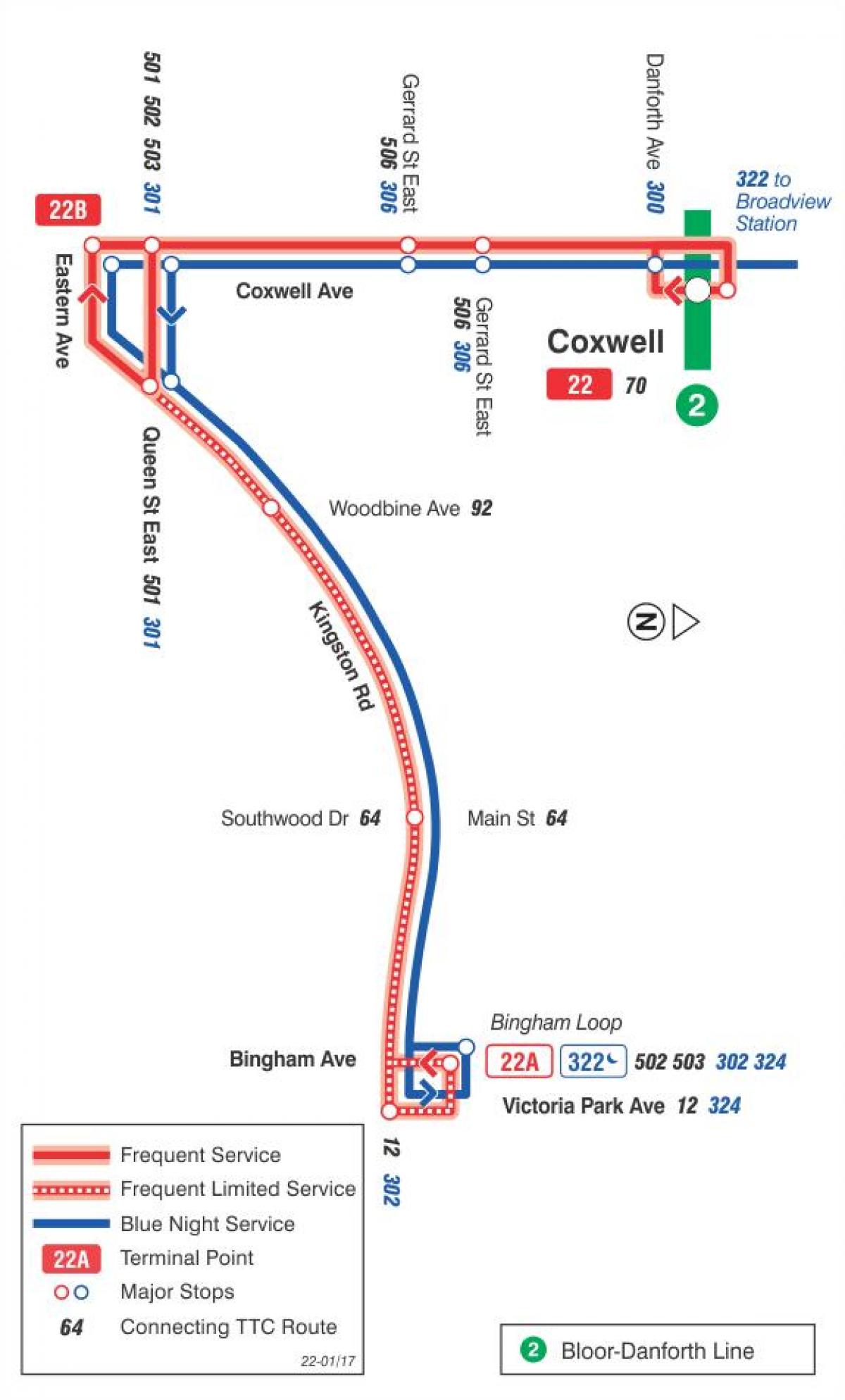 Térkép TTC 22 Coxwell busz útvonal Toronto