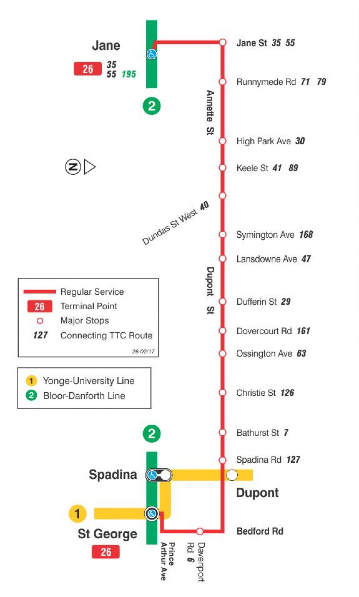 Térkép TTC 26 Dupont busz útvonal Toronto