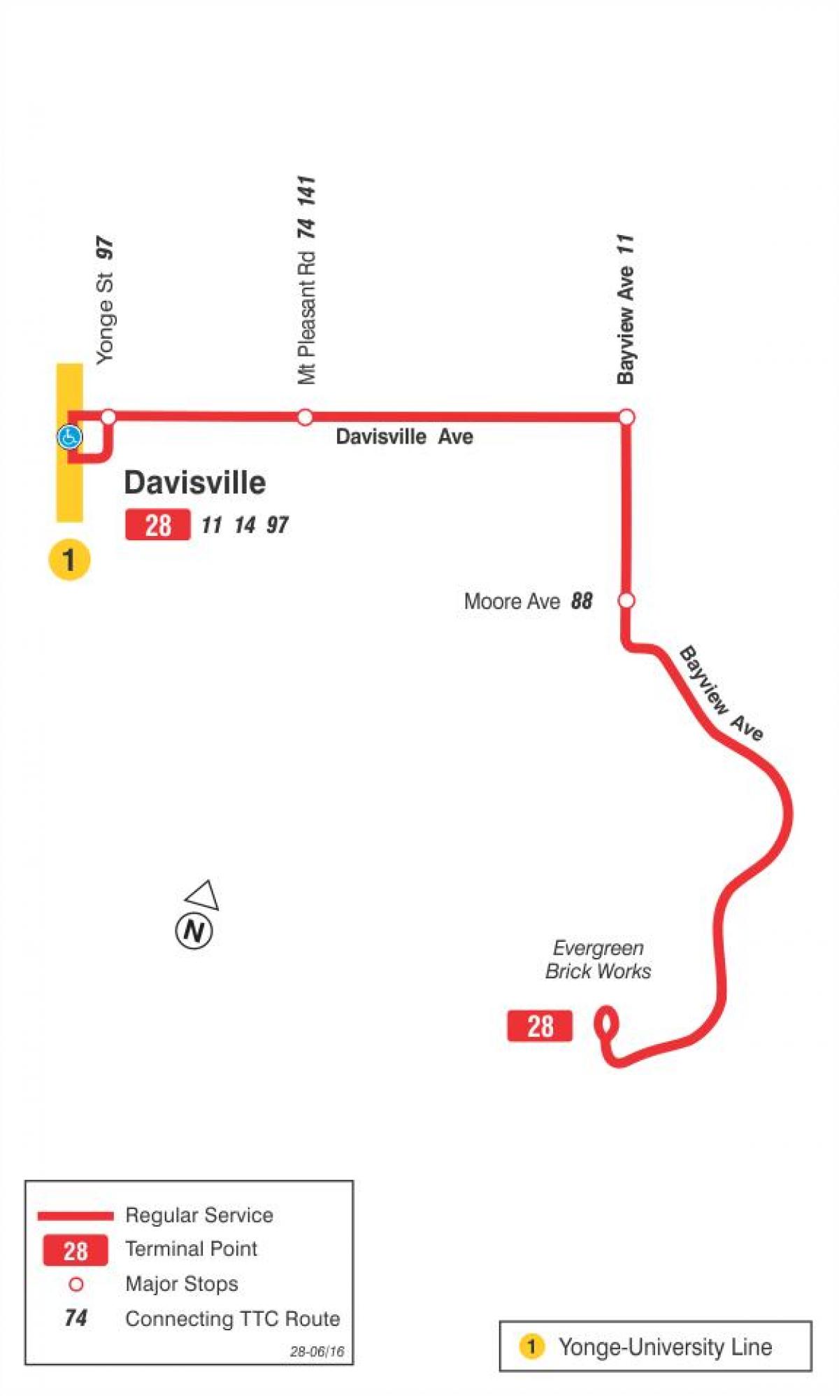 Térkép TTC 28 Bayview Dél-busz útvonal Toronto