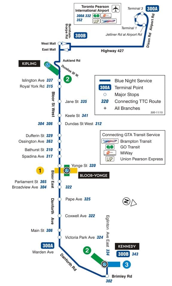 Térkép TTC 300A Bloor-Danforth busz útvonal Toronto
