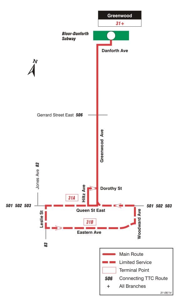 Térkép TTC 31 Greenwood busz útvonal Toronto