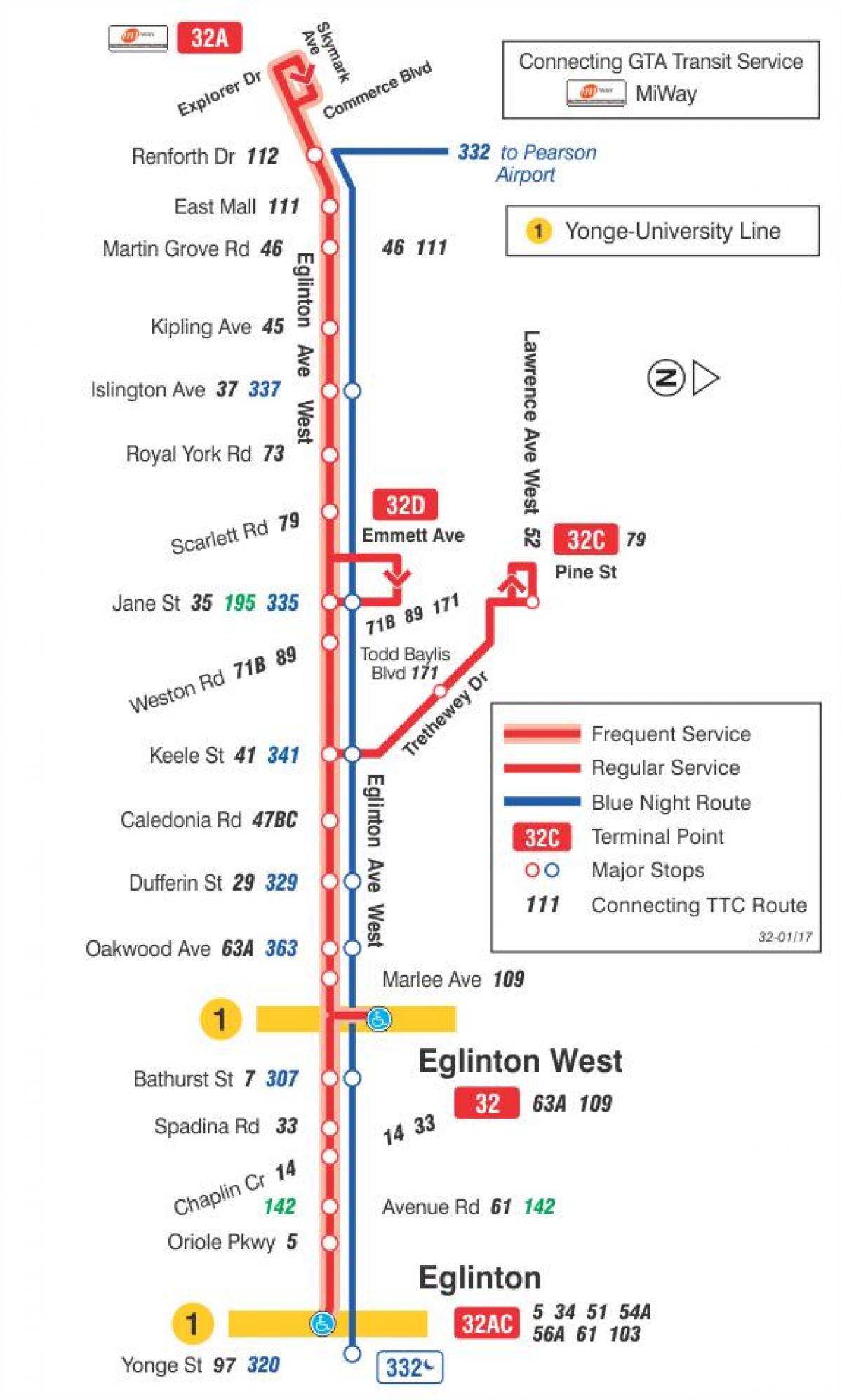 Térkép TTC 32 Eglinton Nyugat-busz útvonal Toronto