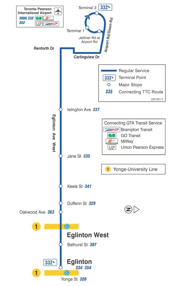 Térkép TTC 332 Eglinton Nyugat-busz útvonal Toronto