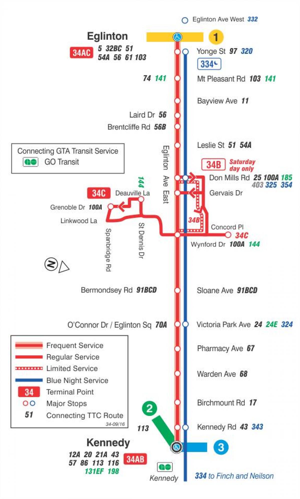 Térkép TTC 34 Eglinton Kelet-busz útvonal Toronto