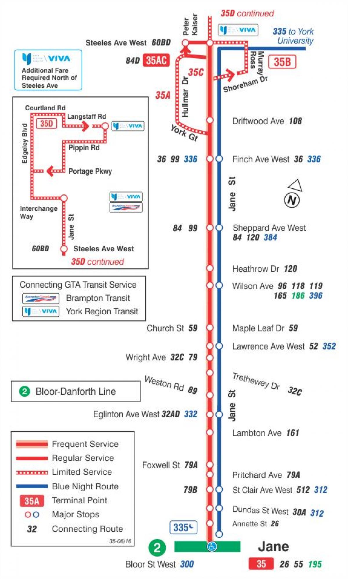 Térkép TTC 35 Jane busz útvonal Toronto
