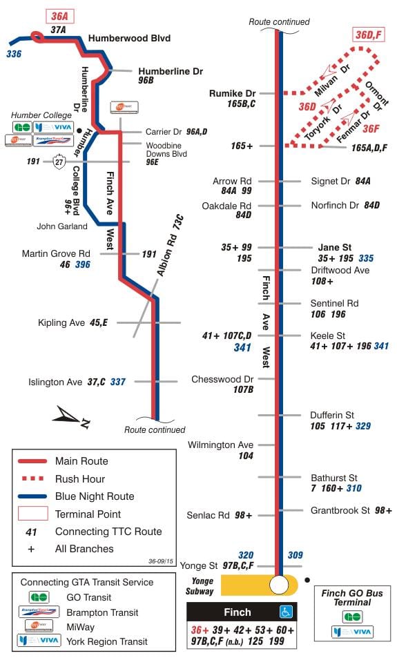 Térkép TTC 36 Finch Nyugat-busz útvonal Toronto