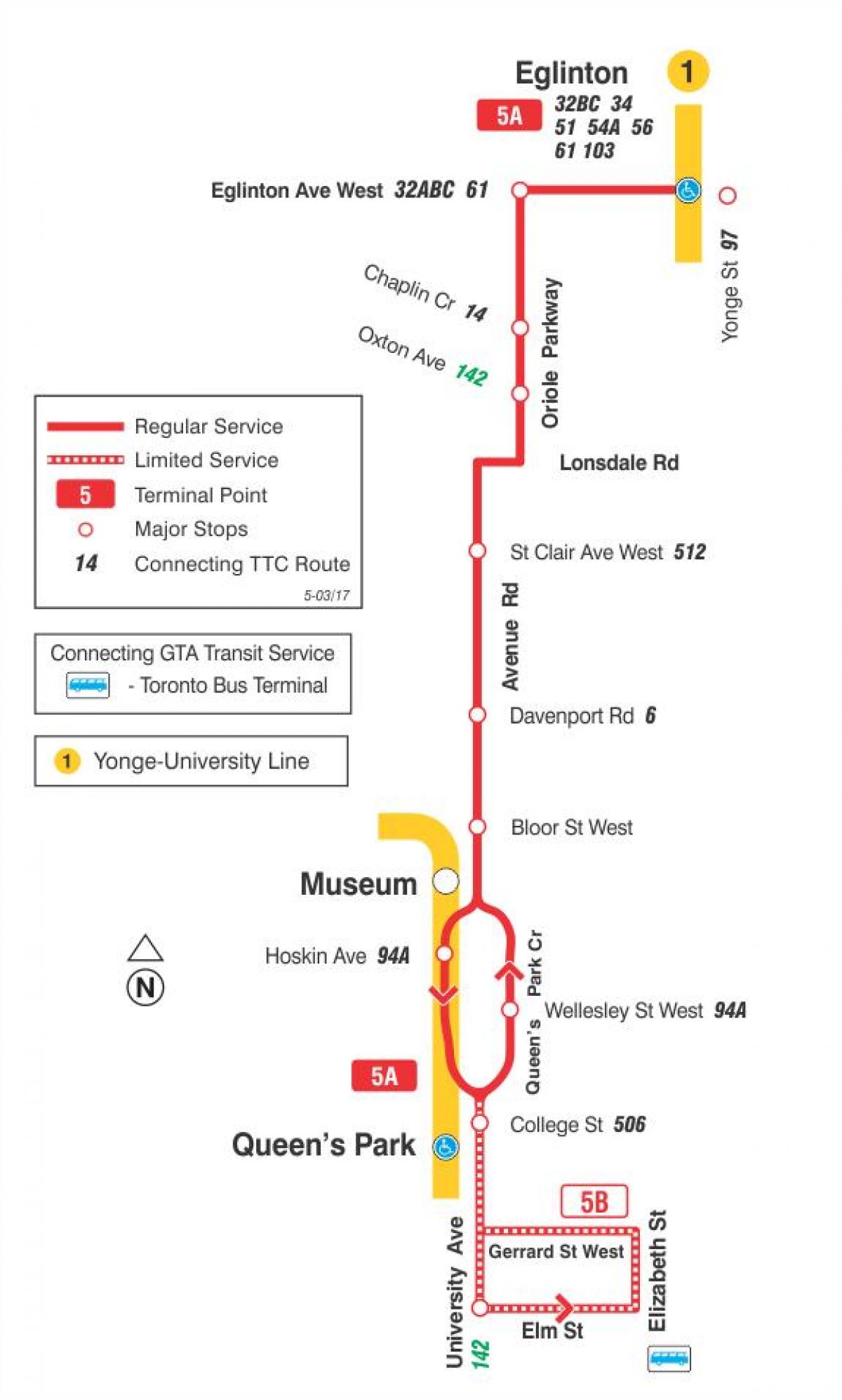 Térkép TTC 5 Avenue Rd busz útvonal Toronto