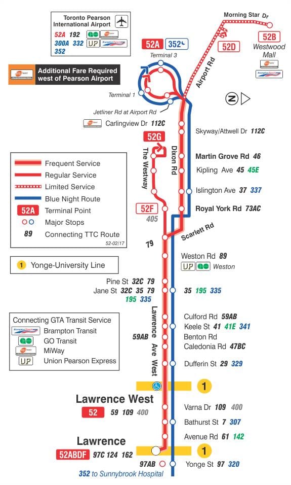 Térkép TTC 52 Lawrence Nyugat-busz útvonal Toronto