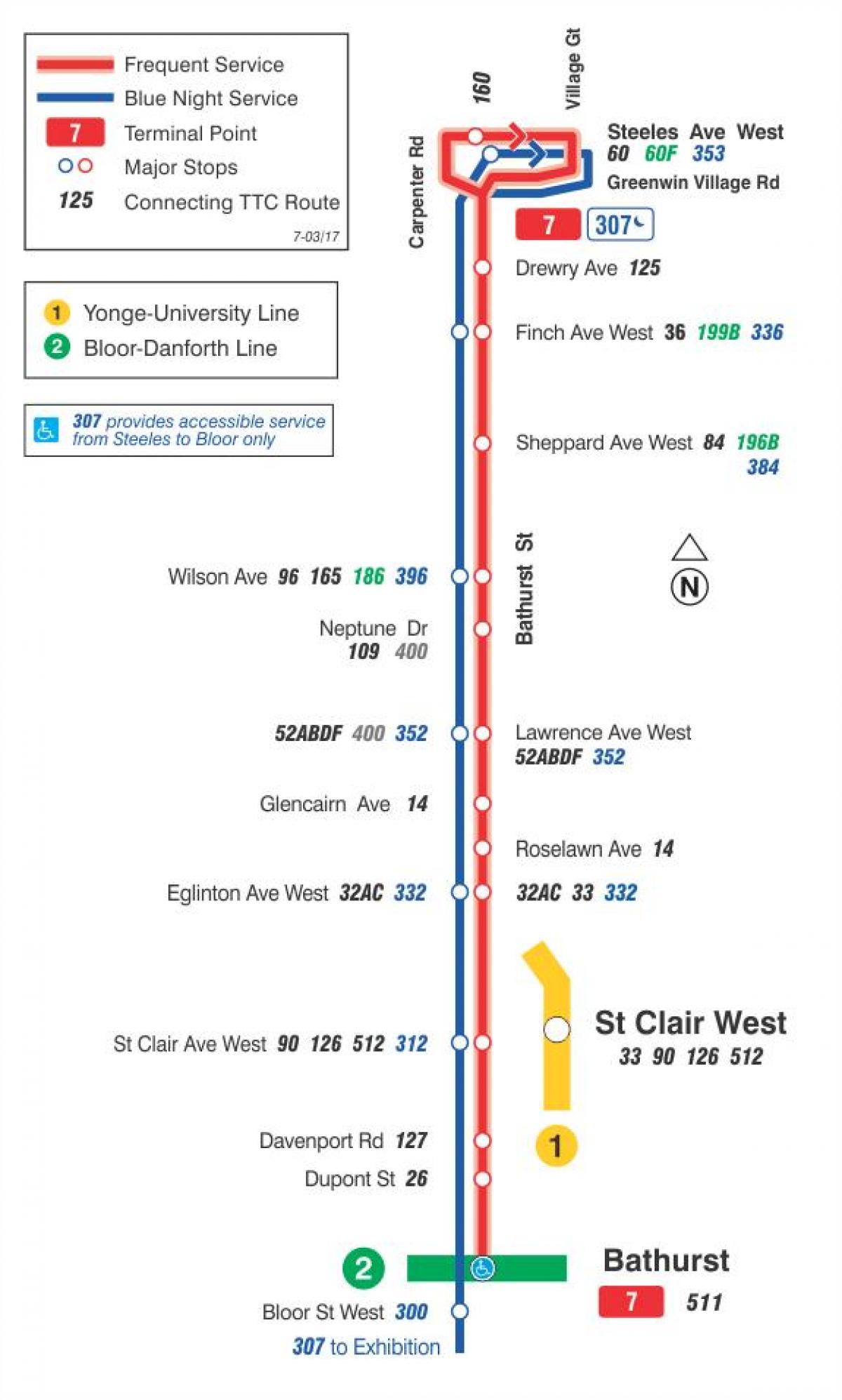 Térkép TTC 7 Bathurst busz útvonal Toronto