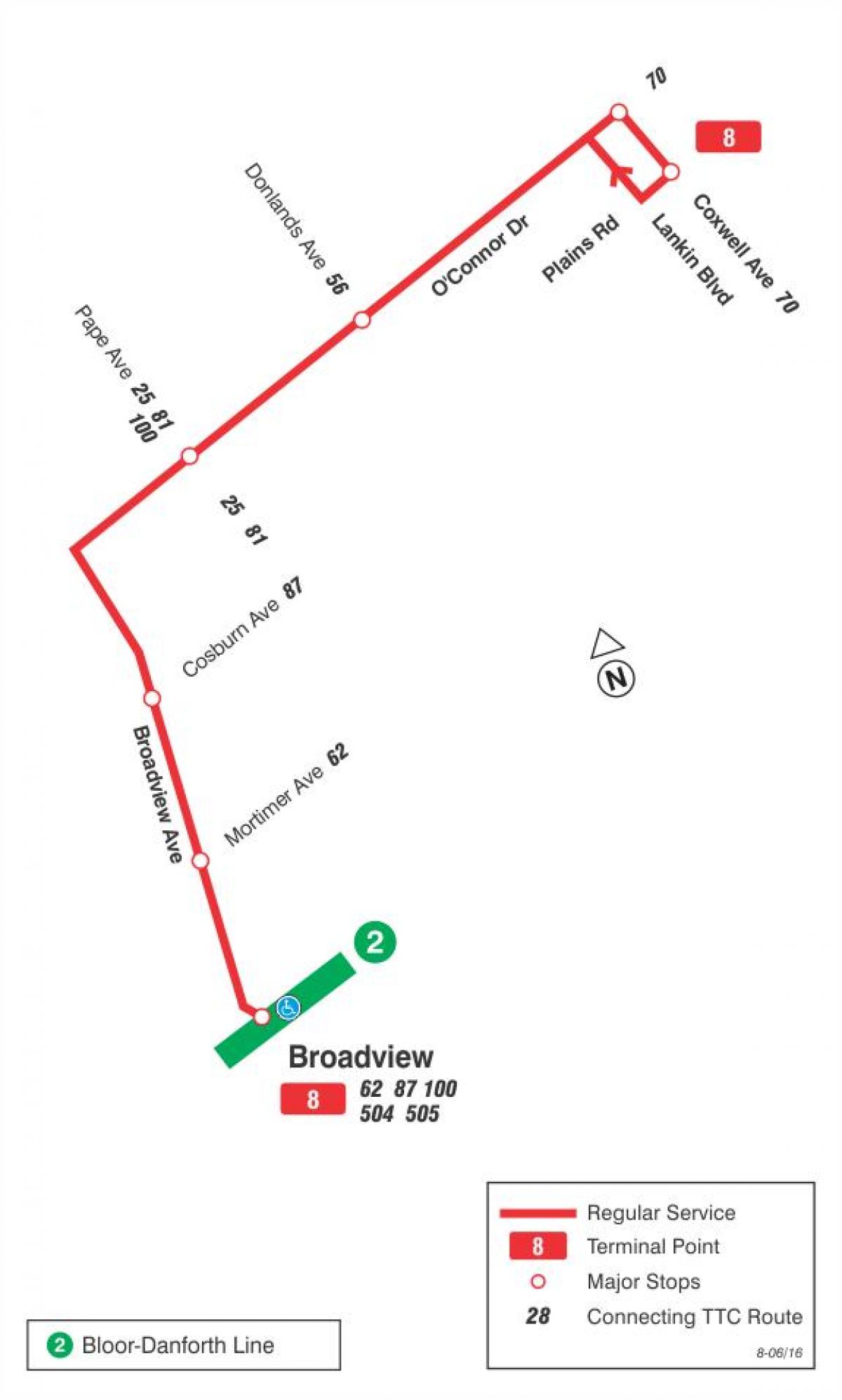 Térkép TTC 8 Broadview busz útvonal Toronto