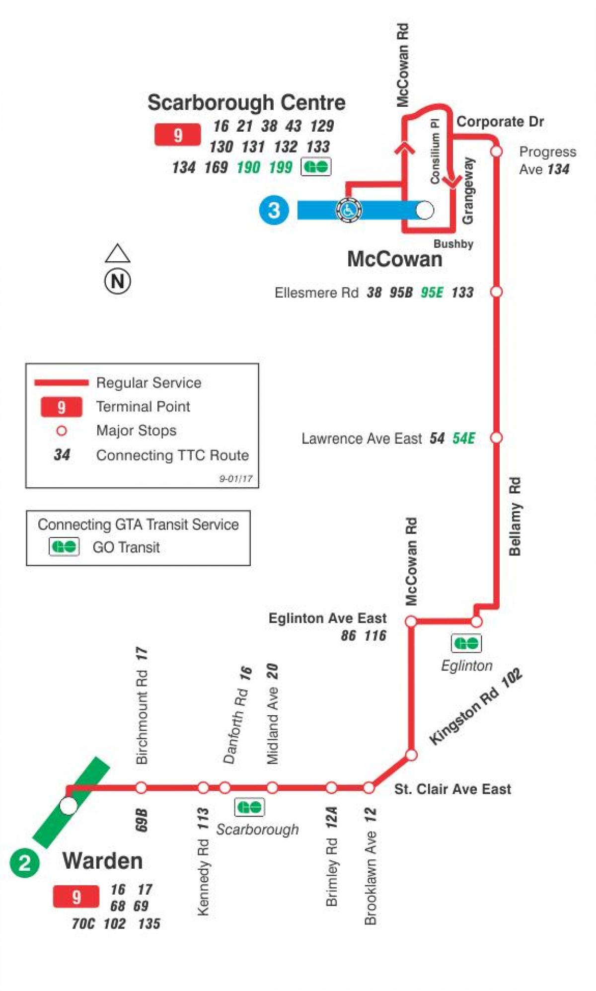 Térkép TTC 9 Bellamy busz útvonal Toronto