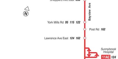 Térkép TTC 11 Bayview busz útvonal Toronto