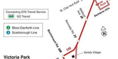 Térkép TTC 12 Kingston Rd busz útvonal Toronto