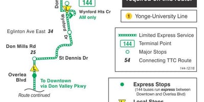 Térkép TTC 144 Downtown / Don Valley Express busz útvonal Toronto