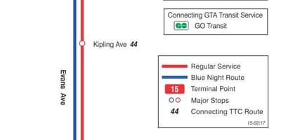 Térkép TTC 15 Evans busz útvonal Toronto