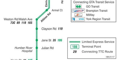 Térkép TTC 186 Wilson Rakéta busz útvonal Toronto