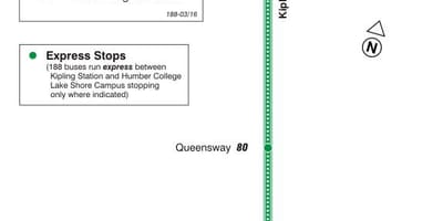 Térkép TTC 188 Kipling Dél-Rakéta busz útvonal Toronto