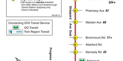 Térkép TTC 190 Scarborough Központ Rakéta busz útvonal Toronto