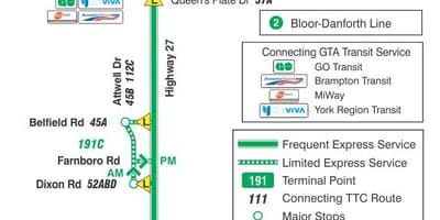 Térkép TTC 191 Autópálya 27 Rakéta busz útvonal Toronto