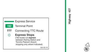 Térkép TTC 192 Repülőtéri Rakéta busz útvonal Toronto