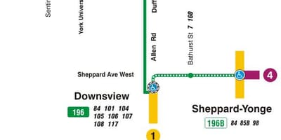 Térkép TTC 196 York-i Egyetem Rakéta busz útvonal Toronto