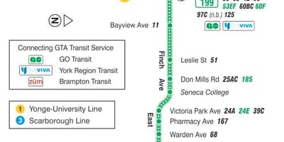 Térkép TTC 199 Finch Rakéta busz útvonal Toronto