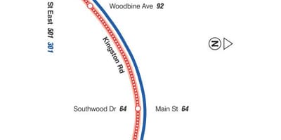 Térkép TTC 22 Coxwell busz útvonal Toronto